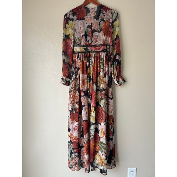 ❌SOLD❌ L'Atiste Burnt Orange Floral Semi Sheer Deep V Maxi Dress Size Small - Picture 8 of 11